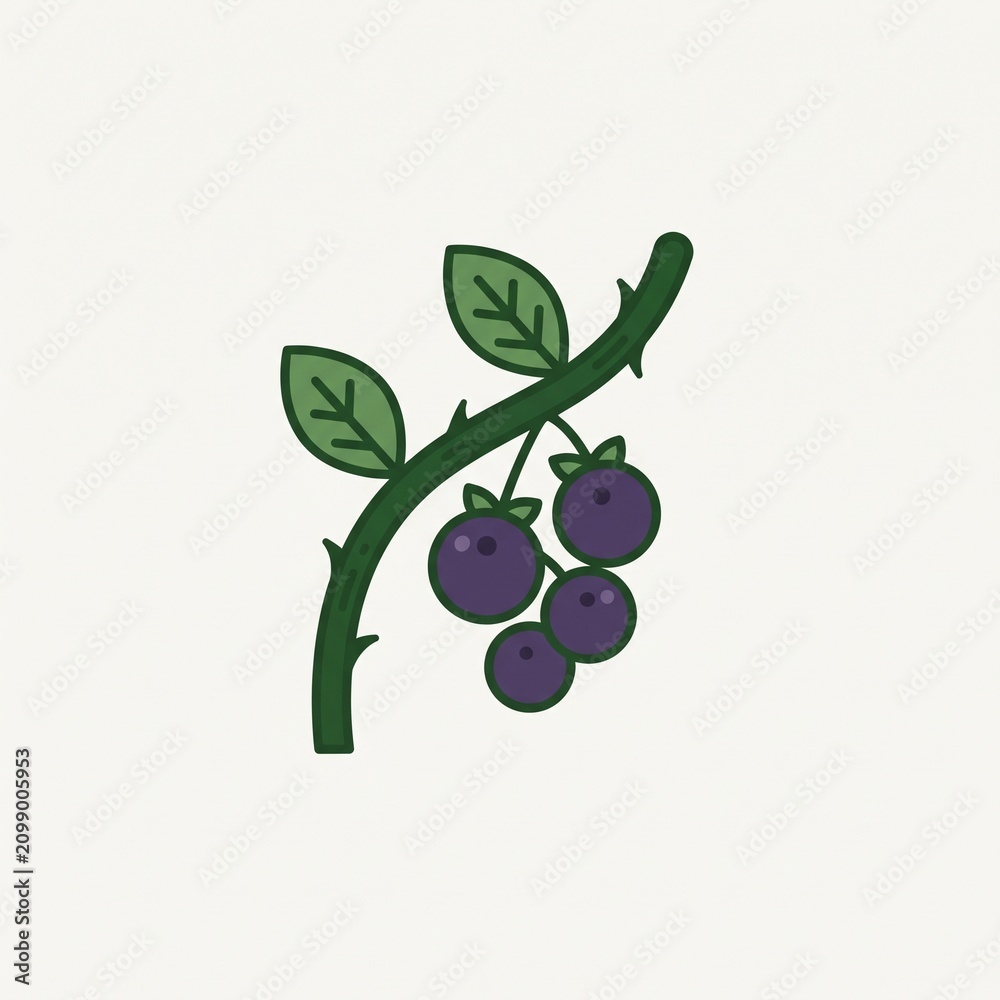Obraz premium A small branch of fresh ripe dark blue berries hanging from a thorny stem with green leaves icon style