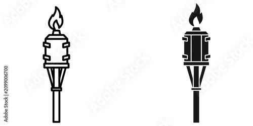 Tiki torch with flame illustration in outline and solid silhouette styles for celebration and lighting concepts