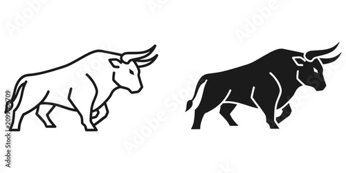 Foto Powerful bull symbol in outline and solid silhouette against white background fo