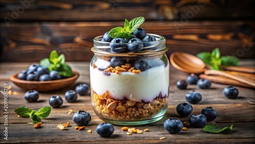 A jar of yogurt with blueberries and granola on top