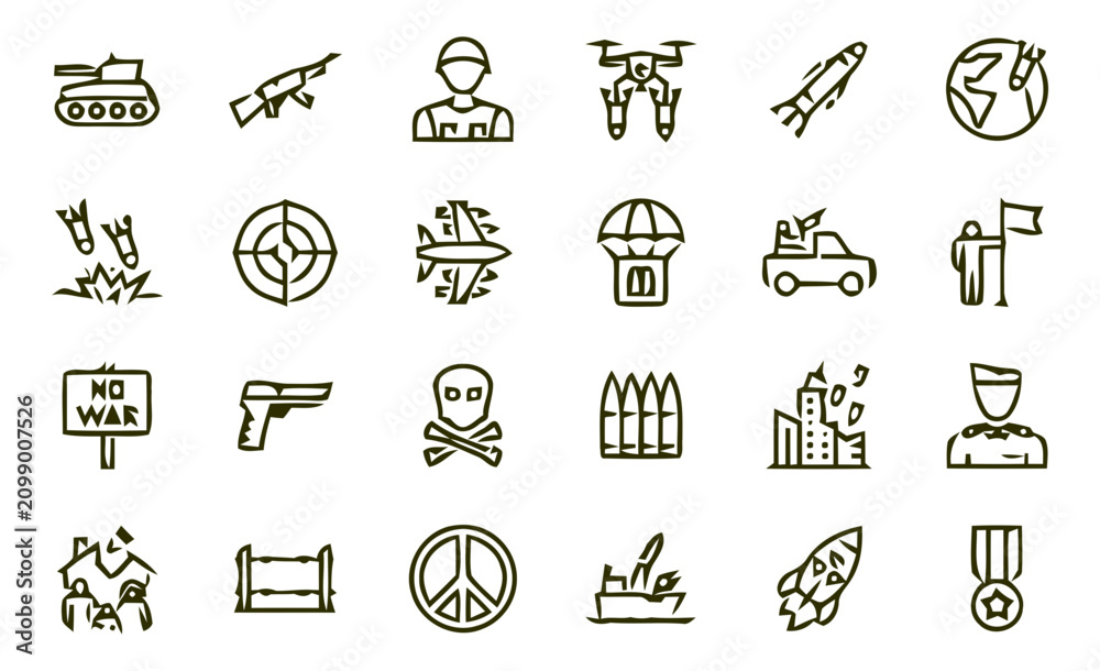 Naklejka premium Military icons illustrate various combat equipment and strategic operations in a clean line style.