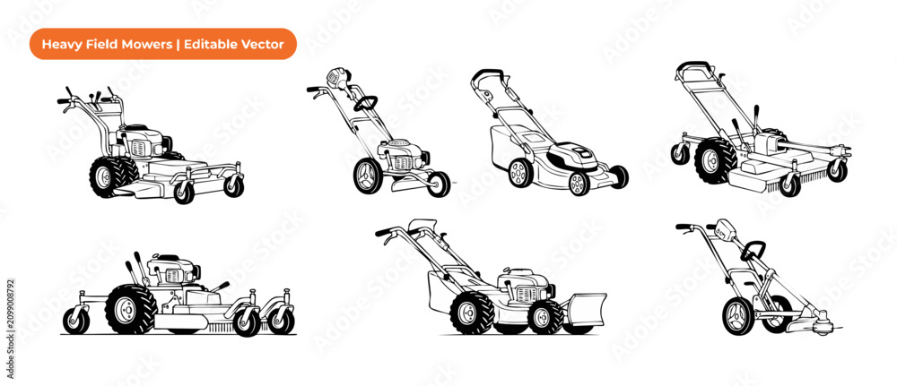 Fototapeta premium Heavy field mower vector icon set of industrial walk behind grass cutter and brush trimmer machinery for professional agricultural garden lawn care maintenance isolated on white background.