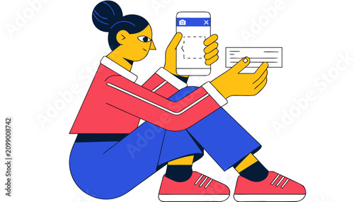 Flat Vector Illustration of a Person Depositing a Check Using a Smartphone.eps