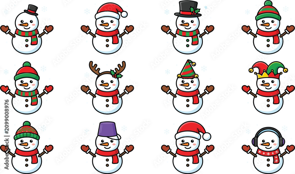 Fototapeta premium Cute Christmas Snowman Character Collection Vector Set