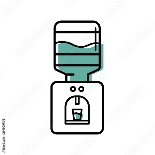Vector bottled water dispenser pictogram with drinking glass. Minimal black and turquoise icon for offices, waiting rooms, schools, events, public spaces and hydration stations.
