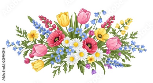 Colorful spring flower bouquet with tulips poppies and daisies in a beautiful garden arrangement style