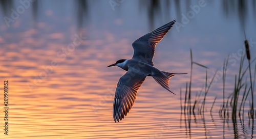 Graceful White Tern Flying Over Calm Wetland Water at Sunset
