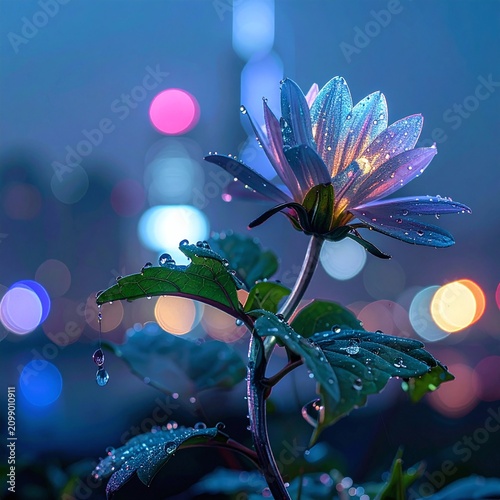 A stunning, dewcovered flower glows serenely against a blurred city night bokeh background, evoking feelings of hope and natural beauty in an urban world. Macro shot, nobody.