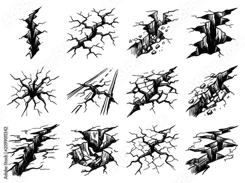 Cracked wall textures in various illustrations showcase damaged surfaces.