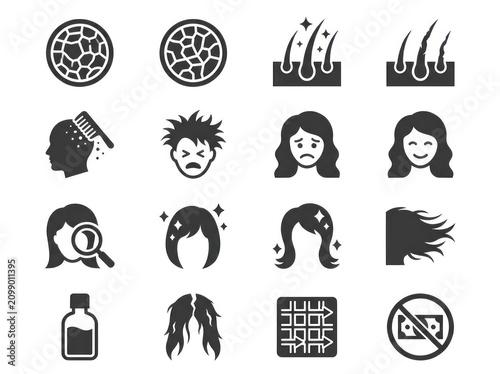 Haircare icons showcase various hairstyles and products on people