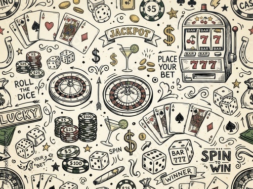 Casino game symbols and icons fill the illustration with roulette wheel, cards, and slot machine on a gaming table.