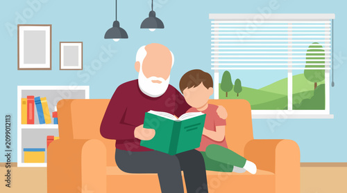 Photography Grandfather reading a book to his grandson in a comfortable living room