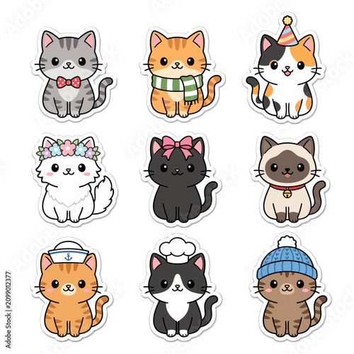 Cute cartoon cat stickers with various outfits and accessories