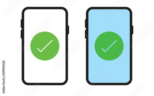 Smartphone with checkmark icon on screen. Mobile phone with green tick mark button. Success and approved status concept vector illustration.