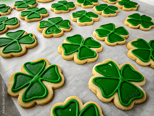 Green Iced Shamrock Sugar Cookies on Baking Sheet for St. Patrick's Day Close-Up