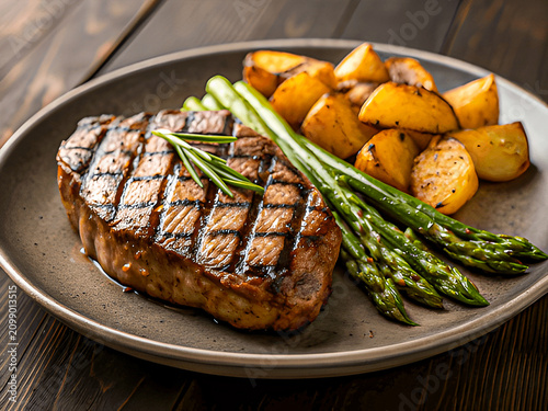 Grilled Ribeye Steak with Asparagus Roasted Potatoes Rosemary Garnish Rustic Plate