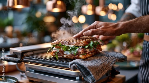 National Panini Month:  a barista pressing a panini sandwich in a professional panini press machine, steam rising, Italian café interior background