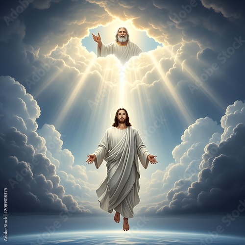 Radiant Jesus Ascending Beneath God in Heavenly Clouds with Divine Light