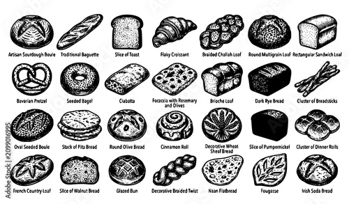 Bild auf Leinwand Creative Bread Engraving Doodle Outline Icons Bakery Wheat Products Line Art Vec
