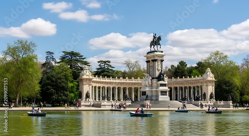 Grand Neoclassical Monument Reflecting Beside Lake in Sunny Urban Park