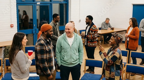 A diverse group of adults engaging in conversation and laughter at a community gathering or social event indoors.