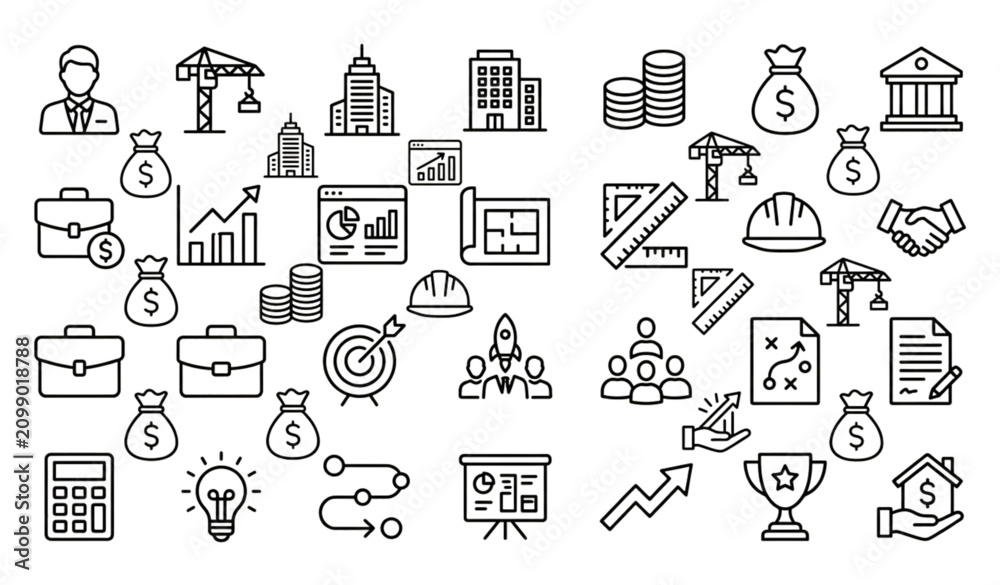 Fototapeta premium Business Development and Investment Mega Set – 28 Construction Finance Outline Vector Illustration