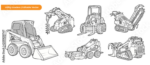 Bild auf Leinwand Skid steer loader vector illustration set of heavy construction machinery, utility compact loaders, mini track loader with attachments like auger, trencher, forks, mower, grapple in line art style