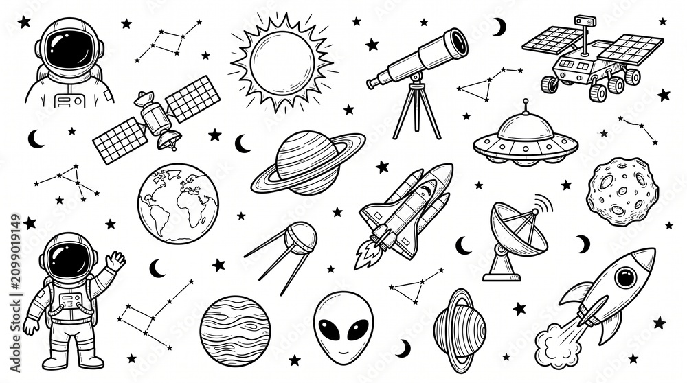 Fototapeta premium Hand Drawn Outer Space Line Art Clipart Set, Cute Doodle Astronaut and Rocket Ship Icons, Astronomy Cosmos Coloring Page Vector Illustrations, Universe Galaxy Planet Graphics