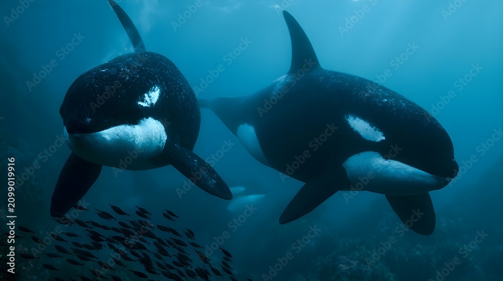 Obraz premium Two large orca whales swim gracefully underwater alongside a group of smaller fish in deep blue ocean waters