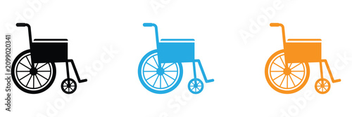 Three colorful wheelchair icons in black, Blue, And orange on white background for accessibility and disability representation