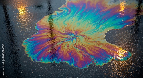 Colorful Iridescent Oil Slick Spreading on Wet Asphalt at Night