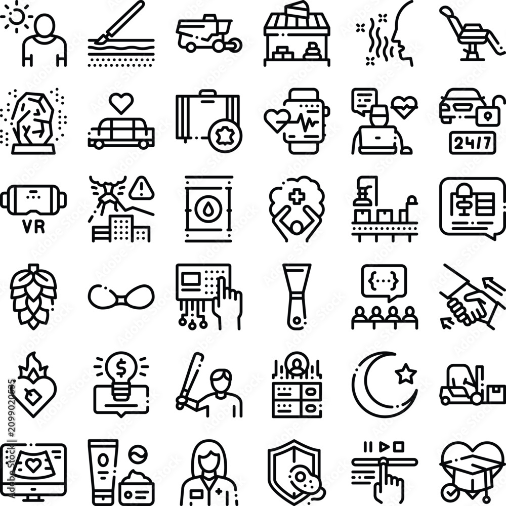 Fototapeta premium Set of diverse outline icons covering concepts from digital technology and social interaction to healthcare, industry, and daily life, presented on a white background