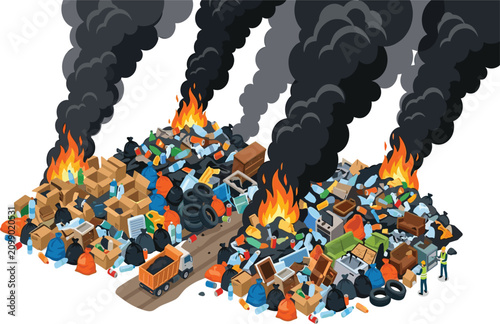 Schilderij op canvas Burning landfill garbage dump isometric vector illustration, environmental pollu