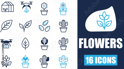 Bild auf Leinwand A collection of 16 line and filled icons depicting various aspects of plants, flowers, gardening, and modern agriculture, including greenhouses, drones, leaves, seeds, potted plants, and cacti