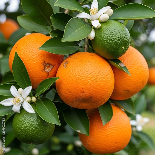 Ripe Orange Fruit and Blossoms Growing on Lush Citrus Tree