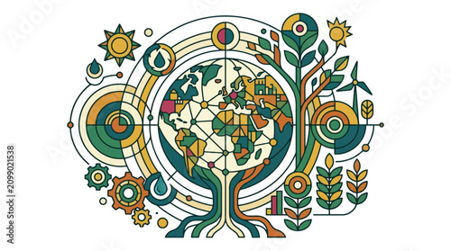Sustainability globe tree circular vector illustration with eco icons.