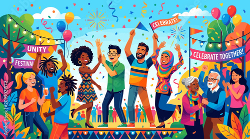 Diverse people celebrating together outdoors.