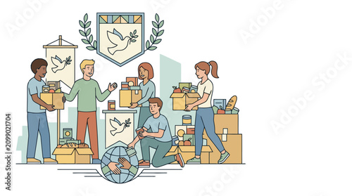 Sustainable community teamwork illustration with eco shield and people vector.