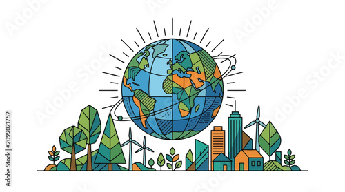 Sustainable Earth Globe City Nature Vector Illustration with Clean Energy.