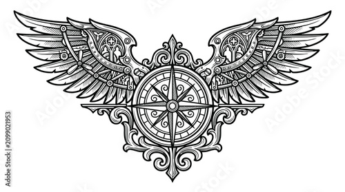 Winged Heraldic Emblem Vector Compass Center Ornate Filigree Badge Illustration.