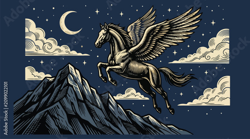 Winged horse mythology vector illustration flying over mountains at night moon and stars.