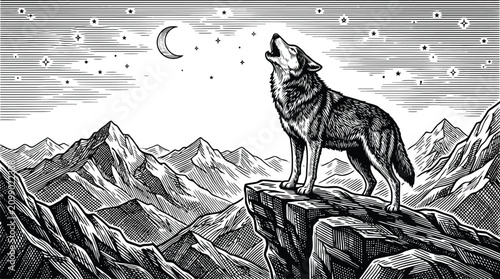 Wolf howling on mountain rock under moonlit sky vector illustration engraving style.