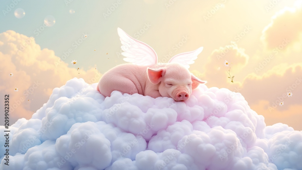 Obraz premium Cute Piglet Sleeping on Clouds