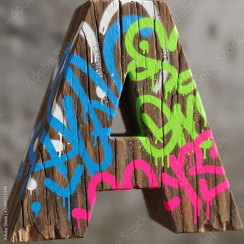 Colorful Graffiti Covered Wooden Letter a Displayed Against Blurred Gray Background