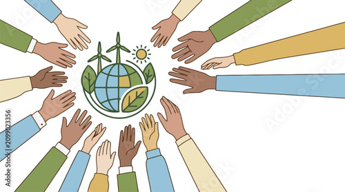 Hands around Earth globe symbolizing global unity sustainability vector illustration.