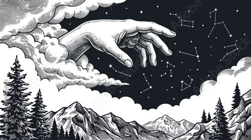 Hands connecting nature and space night landscape vector illustration.