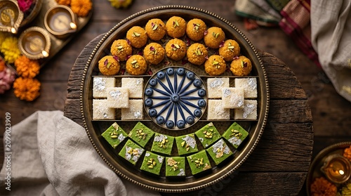 Indian flag representation using assorted traditional sweets like laddu barfi and pistachios arranged on round brass plate with oil lamps for festive celebration and holiday.