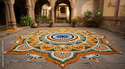 Beautiful rangoli with ashoka chakra indian flag design decorates an ancient indian courtyard, symbolizing indian independence day republic day, traditional art.