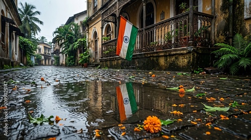 Indian national flag hanging on traditional vintage balcony over wet cobblestone street after rain with orange marigold flowers and puddles reflecting tricolor colors in city.