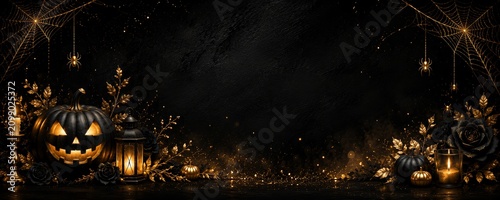 Elegant halloween background with black gold pumpkin lanterns and gothic decor for premium celebrations
